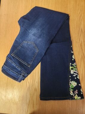 Dark Blue Flare Jeans with Floral Side Panel